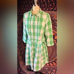 Boden green gingham shirt dress, 3/4 sleeves US8R/UK12R